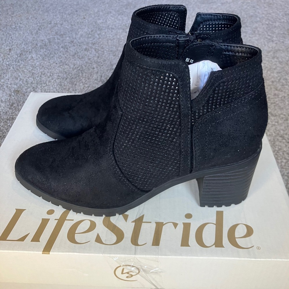 LifeStride Matilda Black Perforated Ankle Boots Faux Suede 5M NIB Orig $110 Edgy